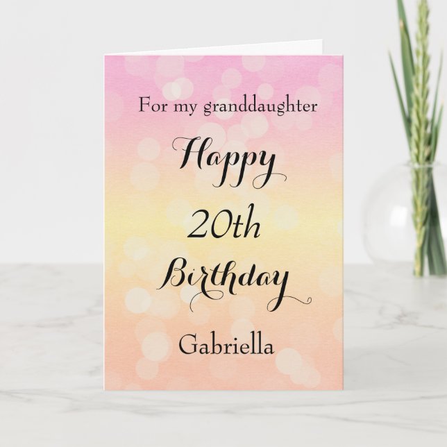 Pastel Pink Orange Yellow Bokeh 20th Birthday Card (Front)