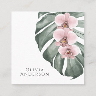 Pastel Pink Orchids on Monstera Tropical Botanical Square Business Card