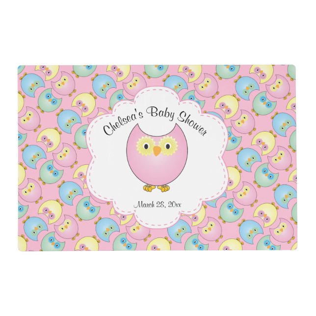 Pastel Pink Owl Baby Girl Shower Placemat (Front)
