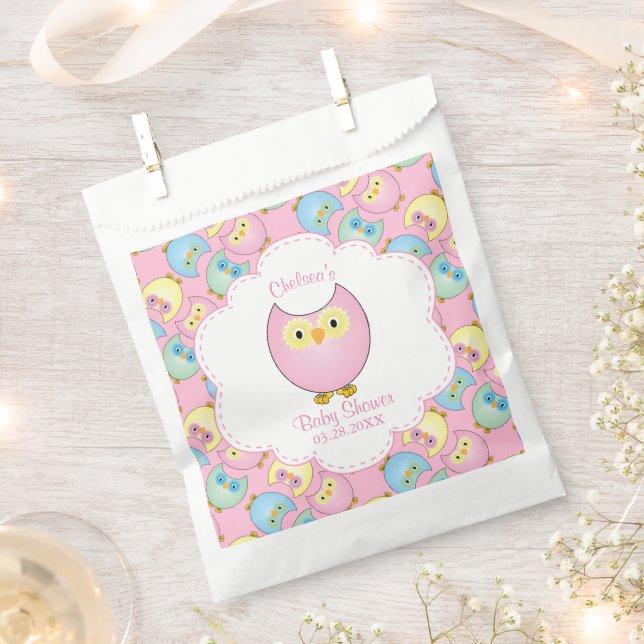 Pastel Pink Owl Baby Girl Shower Theme Favor Bag (Clipped)