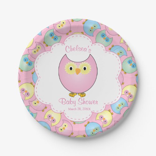 Pastel Pink Owl Baby Shower Theme Paper Plates