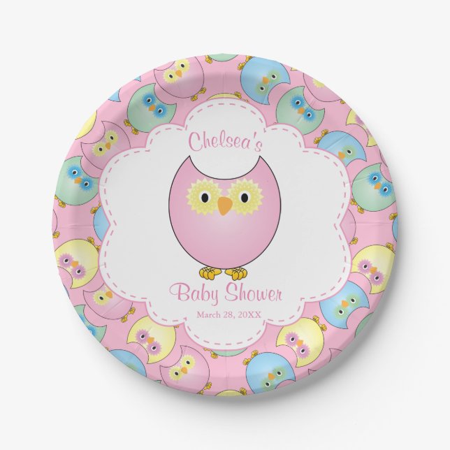 Pastel Pink Owl Baby Shower Theme Paper Plates (Front)