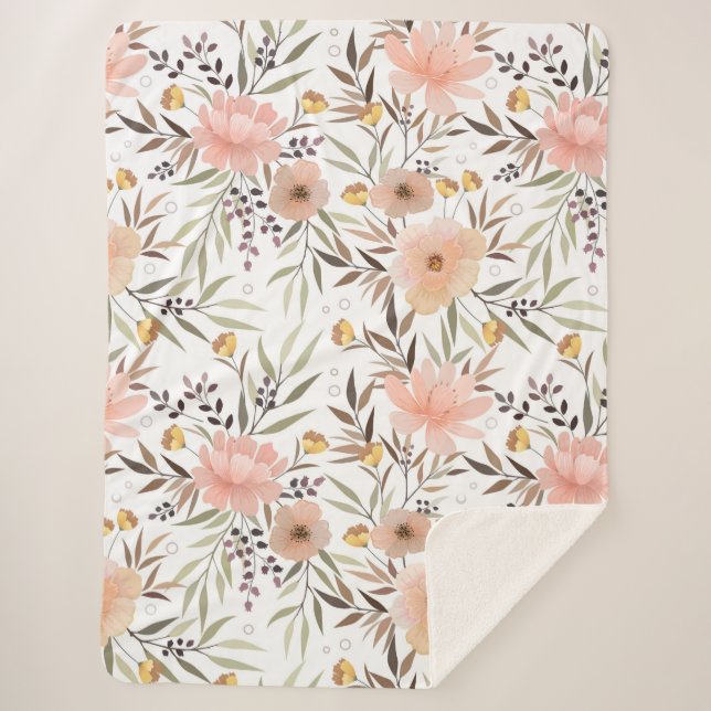 Pastel Pink Peach Olive Brown | Floral Leaves Sherpa Blanket (Front)