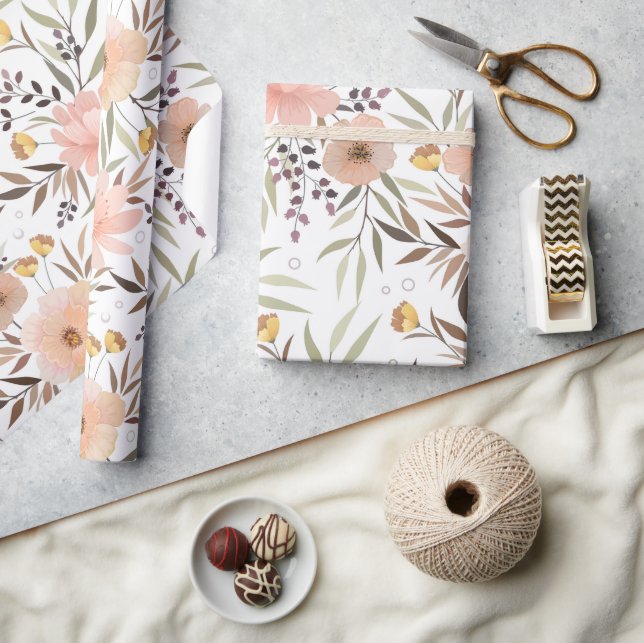 Pastel Pink Peach Olive Floral Leaves Pattern  Wrapping Paper (Crafts)