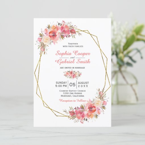 Pastel Pink Peach Rose Floral | Gold Frame Wedding Invitation | Zazzle