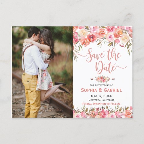 Pastel Pink Peach Rose Floral Photo Save the Date Announcement Postcard
