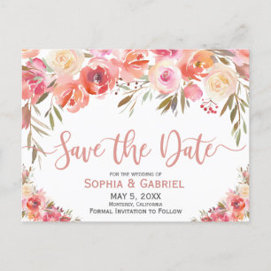 Pastel Pink Peach Rose Floral Save the Date Announcement Postcard