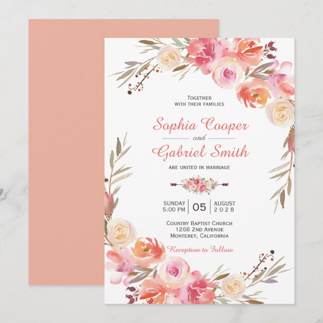 Pastel Pink Peach Rose Floral Wedding Invitation (Front/Back)