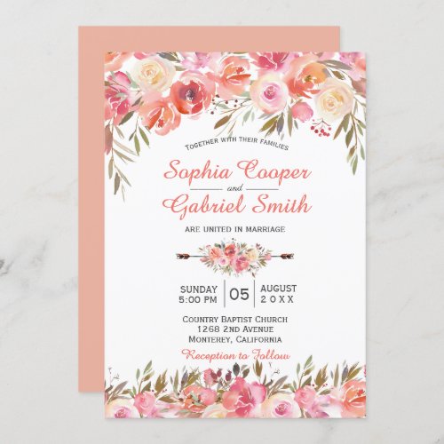 Pastel Pink Peach Rose Floral Wedding Invitation