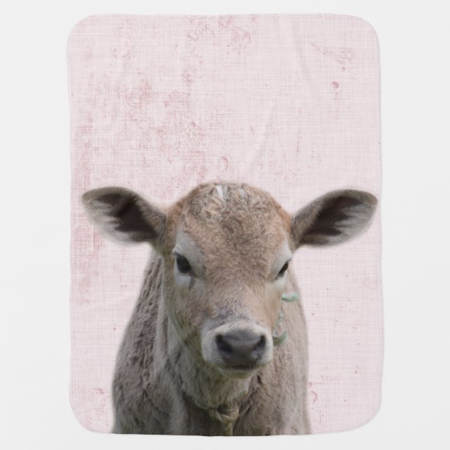 Pastel Pink Peekaboo Cow Minimalist Nursery Baby Blanket (Front)