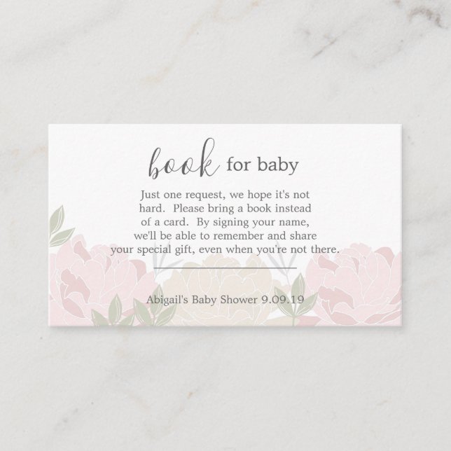 Pastel Pink Peonies Book Request Baby Shower Enclosure Card (Front)