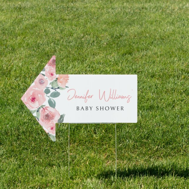 Pastel pink peonies floral baby shower arrow sign (Insitu)
