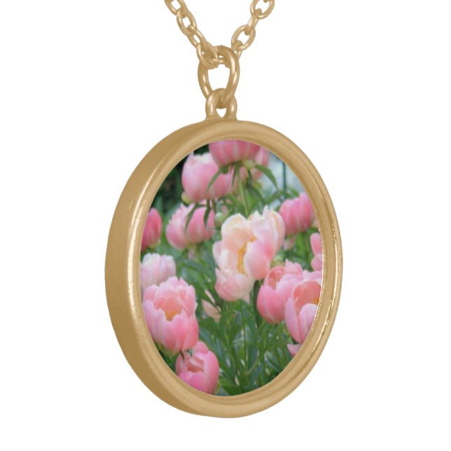 "PASTEL PINK PEONIES" GOLD PLATED NECKLACE (Front Left)