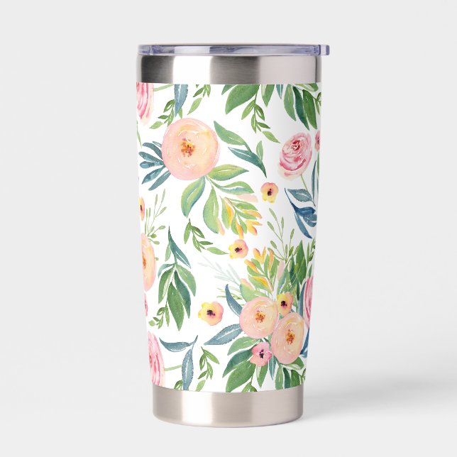 Pastel pink peonies with leafs floral pattern insulated tumbler (Left)