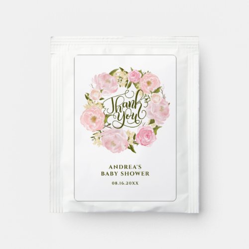 Pastel Pink Peonies Wreath Baby Shower Thank You Tea Bag Drink Mix