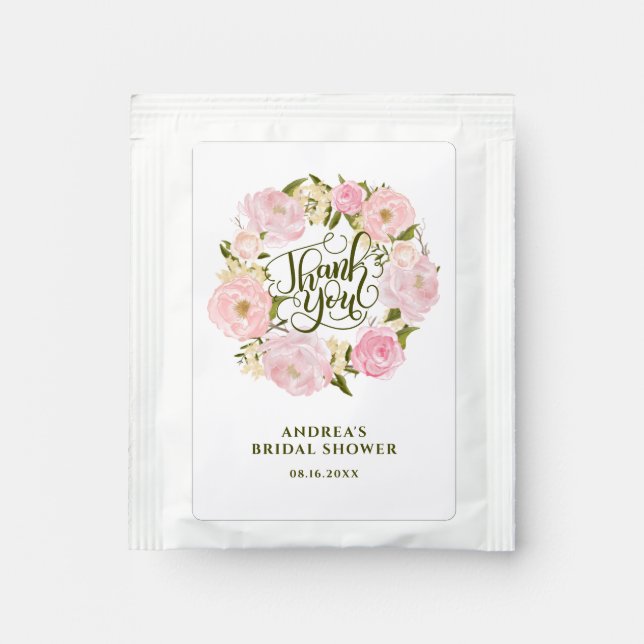 Pastel Pink Peonies Wreath Bridal Shower Thank You Tea Bag Drink Mix (Front)