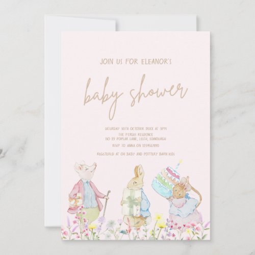 Pastel Pink Peter the Rabbit Friends Baby Shower Invitation