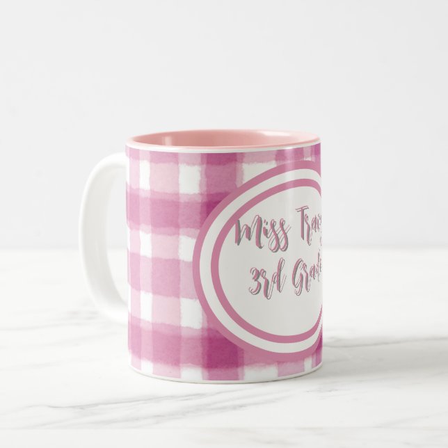 Pastel Pink Plaid Custom  Two-Tone Coffee Mug (Front Left)