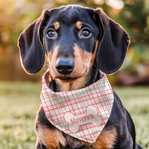 Pastel Pink Plaid Cute Dog Bone Custom Name Pet Bandana Collar