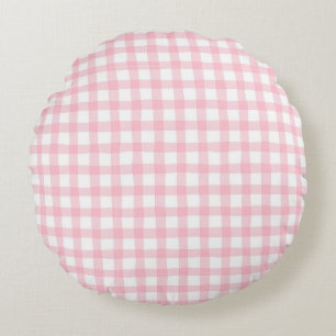 Pastel Pink Plaid – Soft Aesthetic Seamless Round Pillow