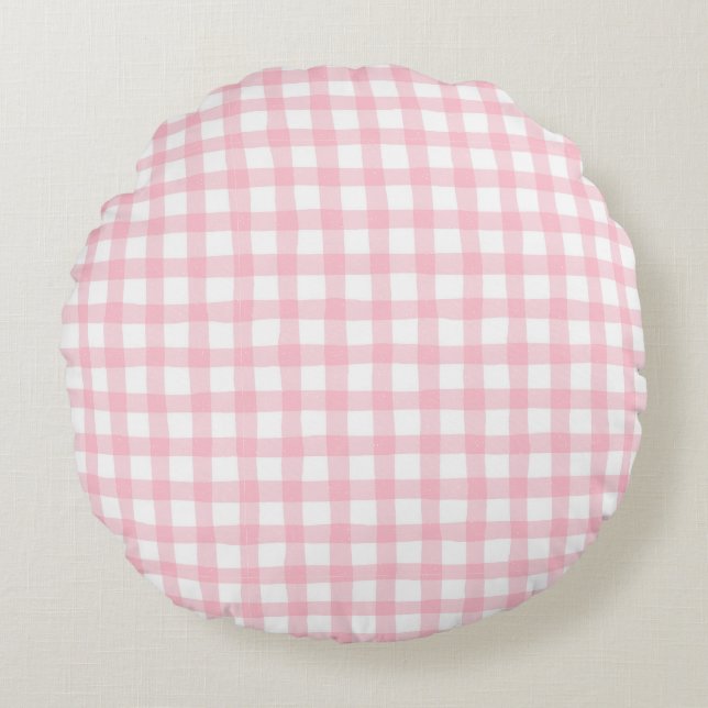 Pastel Pink Plaid – Soft Aesthetic Seamless Round Pillow (Front)