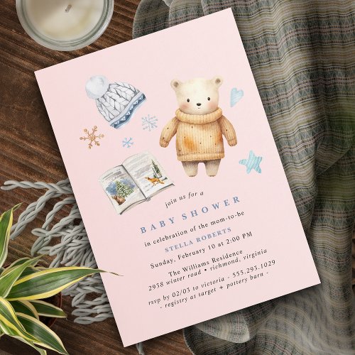 Pastel Pink  Polar Bear Winter Girl Baby Shower Invitation