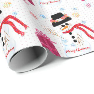 Pastel Pink Polka Dot With Snowman Design Wrapping Paper