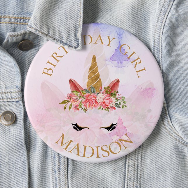 Pastel Pink Pretty Floral Unicorn Birthday Girl  Button (In Situ)