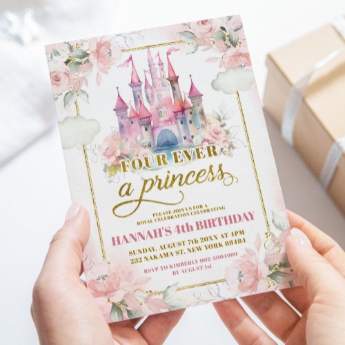 Pastel Pink Princess Royal Castle 4th Birthday Invitation
