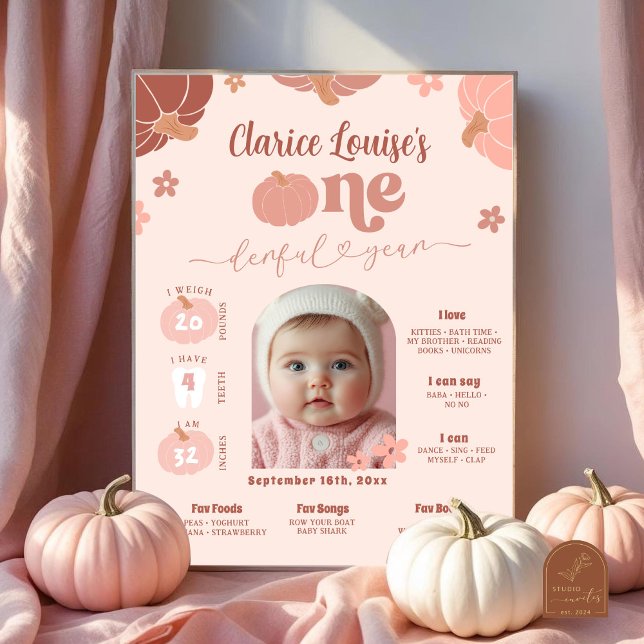 Pastel Pink Pumpkin 1st Birthday Photo Milestone Poster (Creator Uploaded)