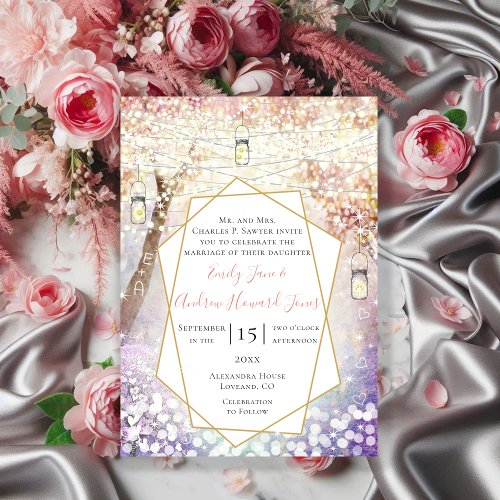 Pastel Pink Purple Blue Green Fairy Tale Wedding Invitation