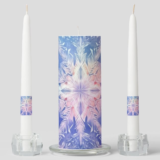 PASTEL PINK  PURPLE BLUE WINTER SNOWFLAKES UNITY CANDLE SET (Front)