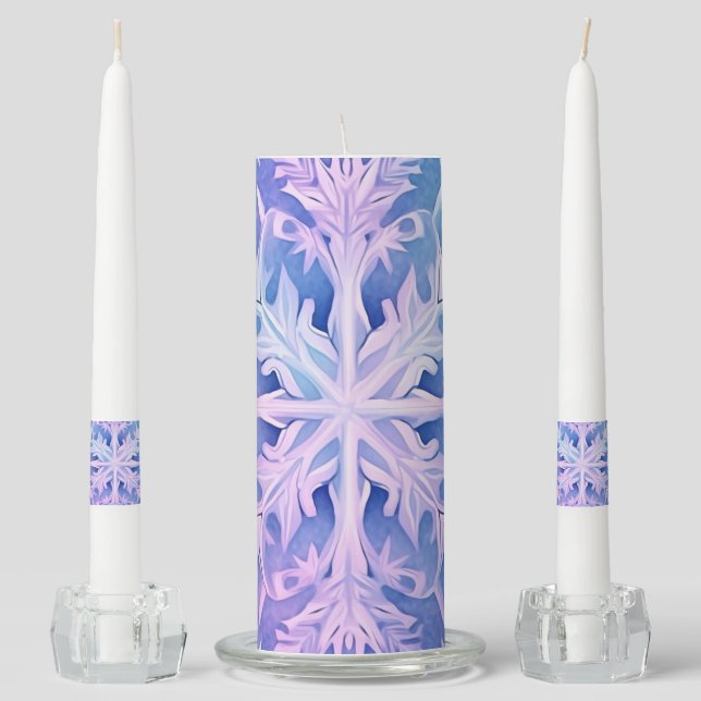 PASTEL PINK  PURPLE BLUE WINTER SNOWFLAKES UNITY CANDLE SET (Front)