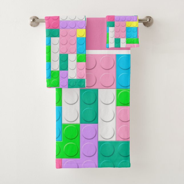 Pastel Pink Purple Building Blocks Custom Bath Towel Set (Insitu)