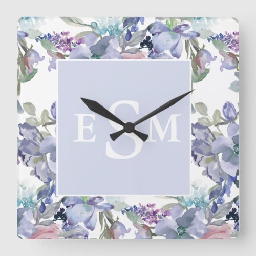 Pastel Pink Purple Dusty Blue Floral Monogram  Square Wall Clock