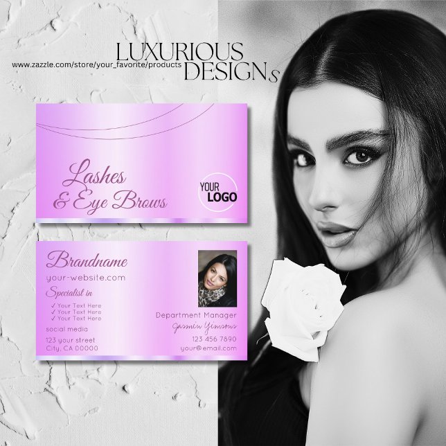 Pastel Pink Purple Glamorous with Logo and Photo Business Card (Creator Uploaded)
