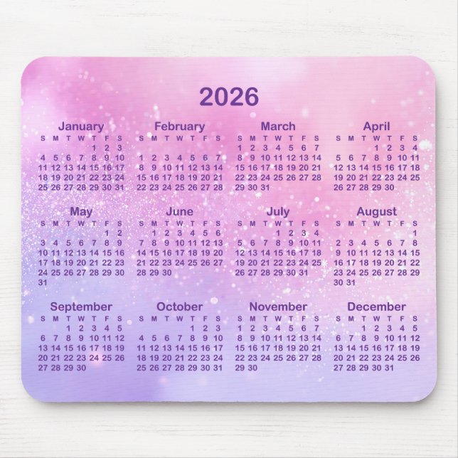 Pastel Pink Purple Glitter 2026 Calendar Mouse Pad (Front)