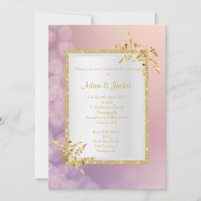 Pastel pink purple gold leaf ELEGANT WEDDING Invitation (Front)