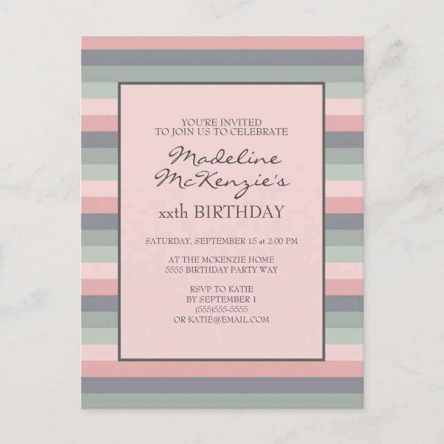 Pastel Pink Purple Green Stripes Birthday Invite (Front)
