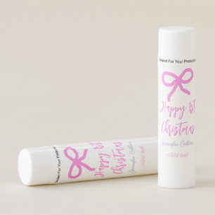 Pastel pink purple happy 1st Christmas bow name da Lip Balm