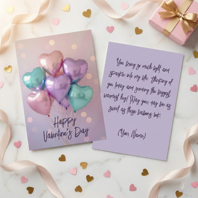 Pastel Pink Purple Heart Balloons Valentine's Day Holiday Card (Creator Uploaded)