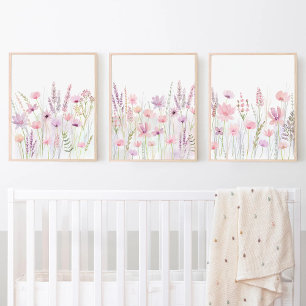Pastel Pink Purple Meadow Wildflowers Nursery Wall Art Sets