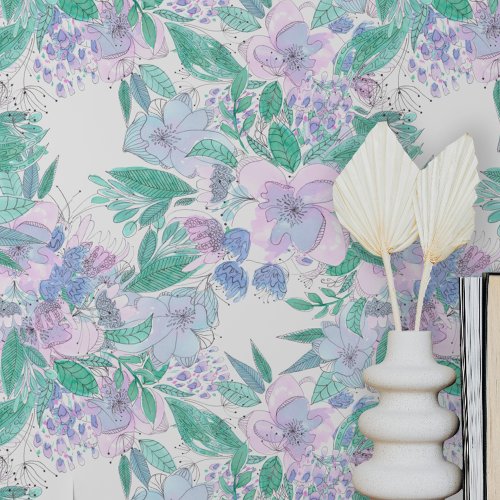 Pastel Pink Purple Mint Boho Watercolor Flowers 