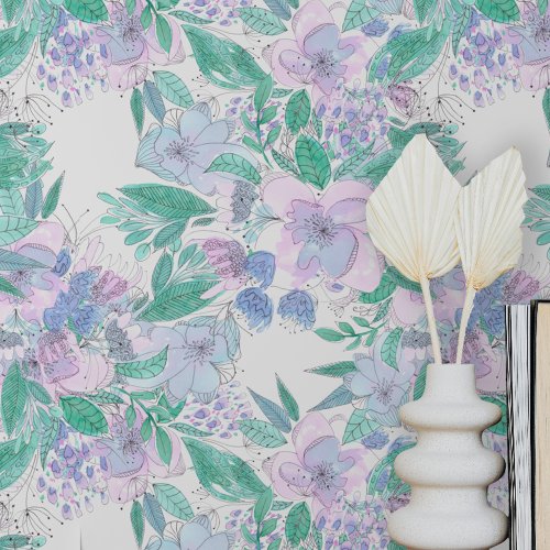 Pastel Pink Purple Mint Boho Watercolor Flowers  Wallpaper