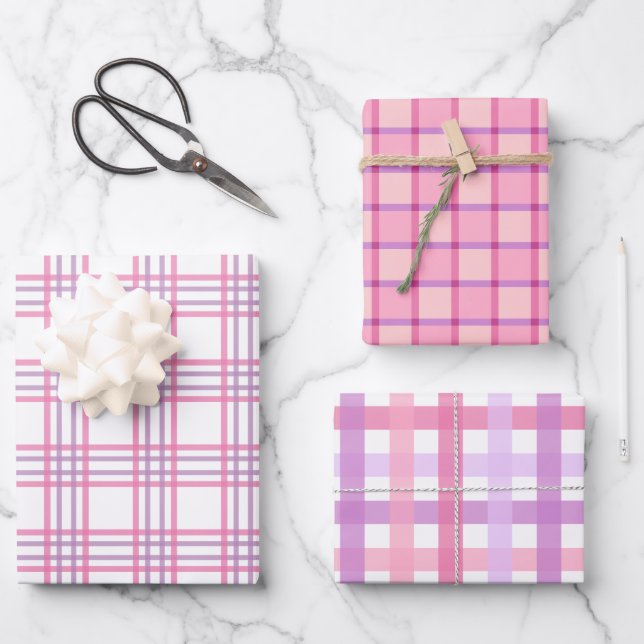 Pastel Pink Purple Plaid Checkered Gingham Wrapping Paper Sheets (Front)