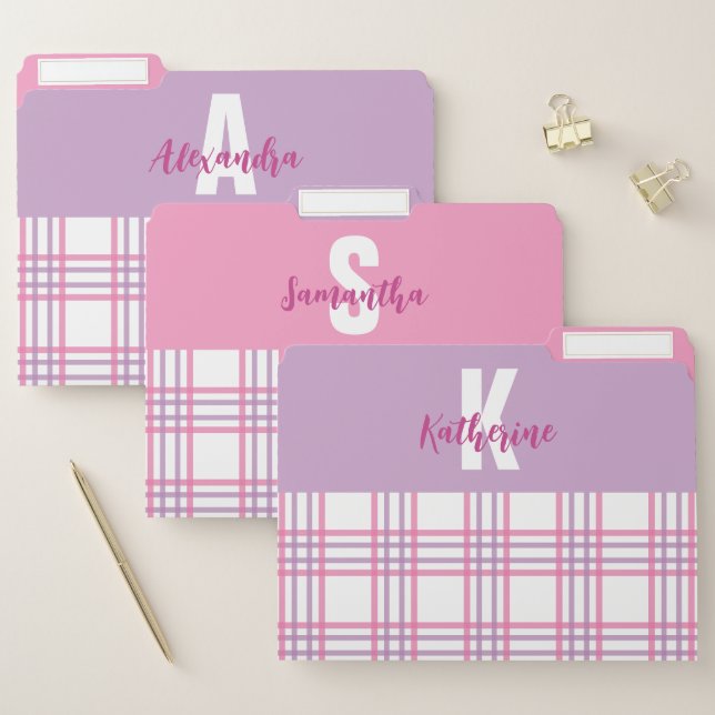 Pastel Pink Purple Plaid Monogram File Folders (Set)