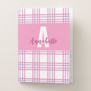 Pastel Pink Purple Plaid Monogram Pocket Folder