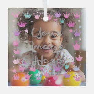 Pastel Pink Purple Princess Crown Photo Border Glass Ornament