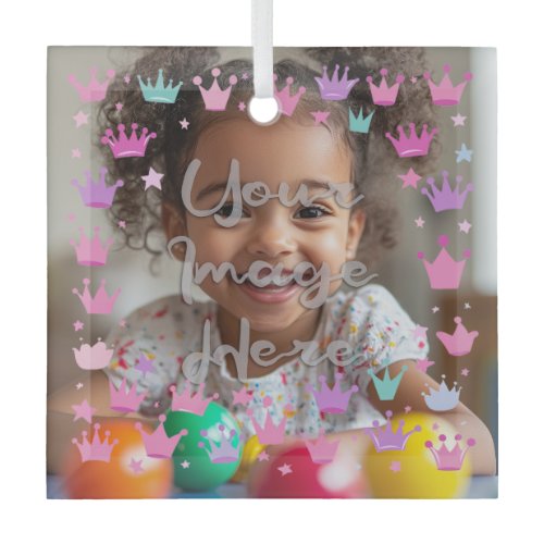 Pastel Pink Purple Princess Crown Photo Border Glass Ornament