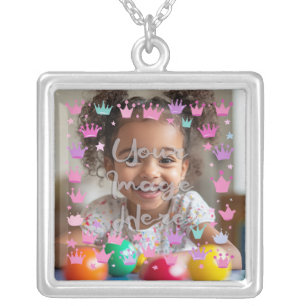 Pastel Pink Purple Princess Crown Photo Border Silver Plated Necklace